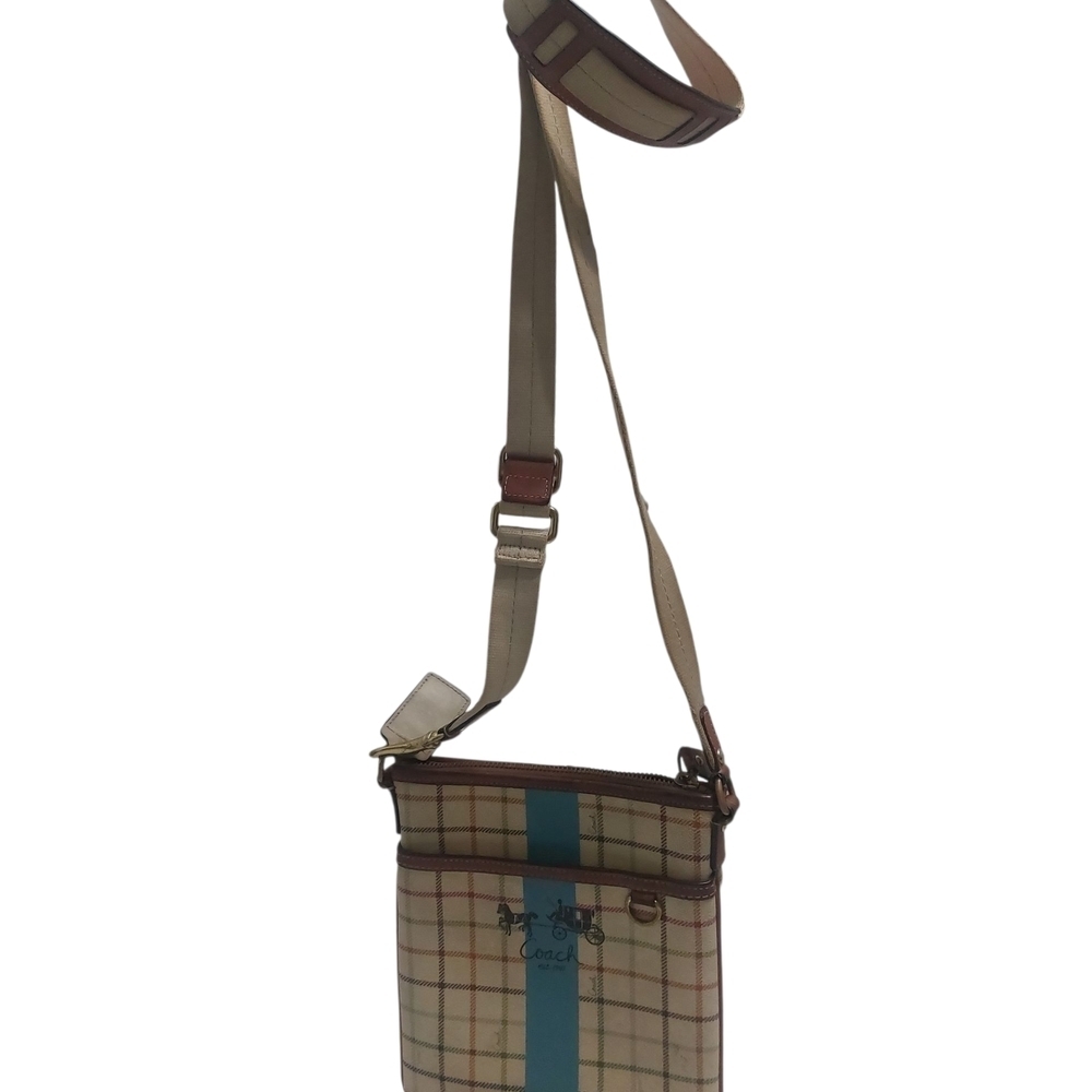 👜 Coach Beige Checkered Crossbody with Blue Stripe